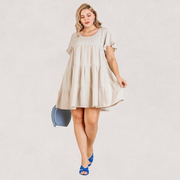 Very J Dresses & Skirts - Very J Linen Bohemian Tiered Ruffle Short Sleeve Neutral Oatmeal Babydoll Dress